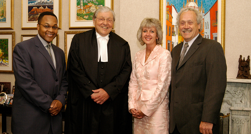 picture of Ann Buller with Judge Michael Tulloch (left) the Hon. Roy McMurtry and former Centennial College President Richard Johnston